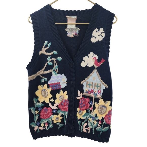 Vintage Sweaters - Vintage Floral Bird House 3 Button Sweater Vest Hand Knitt Size‎ Small